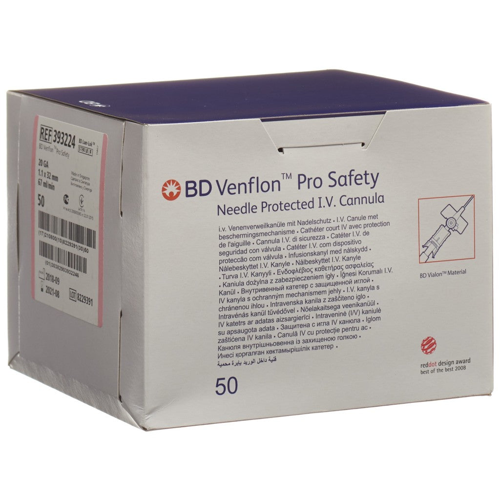 Venflon Pro Safety 20 G, 1.1 x 32 mm, rosa, Sicherheitsvenenverweilkatheter